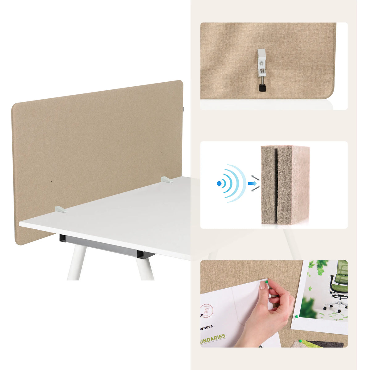 Separadores de mesa FLEXMIUT D1 beige con clips de fijación, símbolo de aislamiento acústico y función de tablero de anuncios de hjh OFFICE