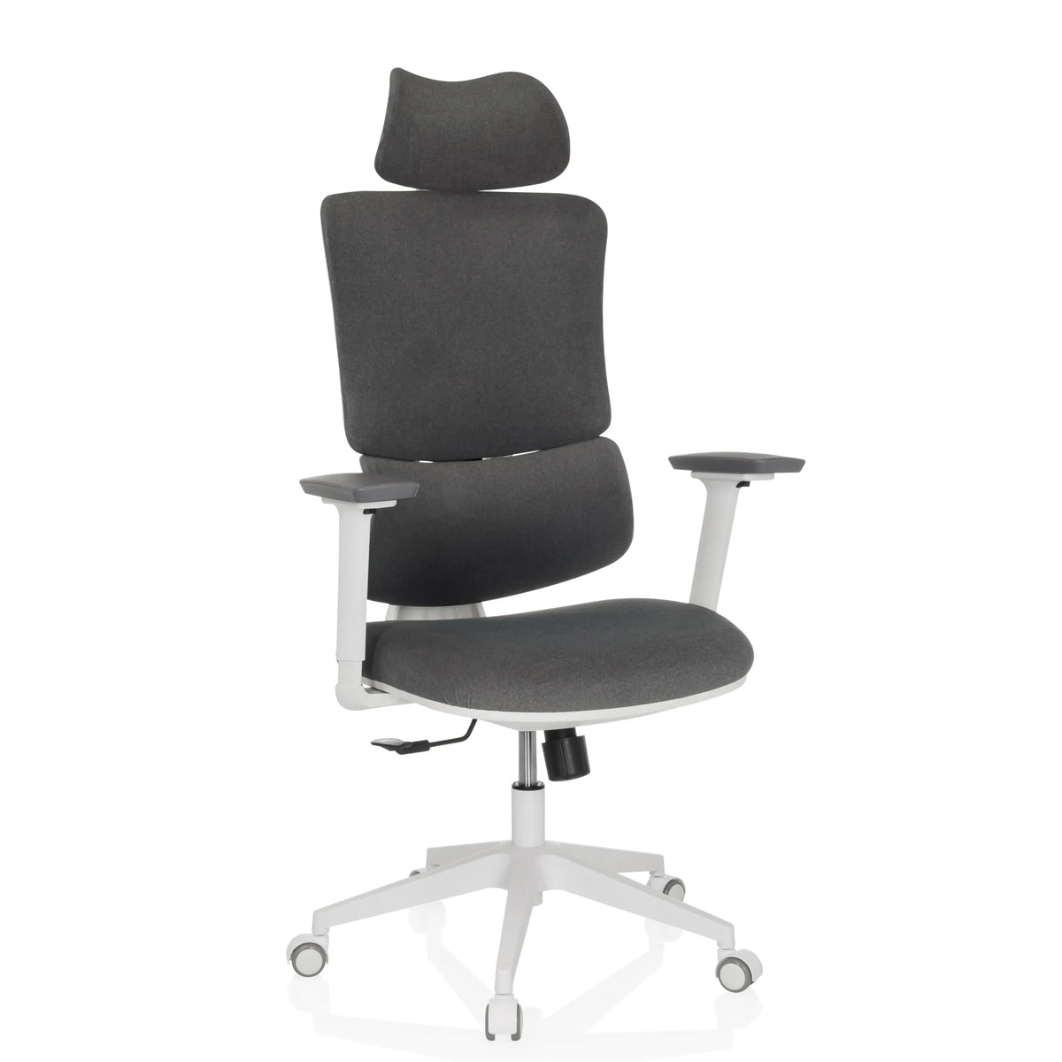 Silla Home Office ERGOMY WF gris con tapizado de tela, estructura blanca y base de cinco ruedas de MyBuero – vista de 360° (vista frontal en diagonal 30°)