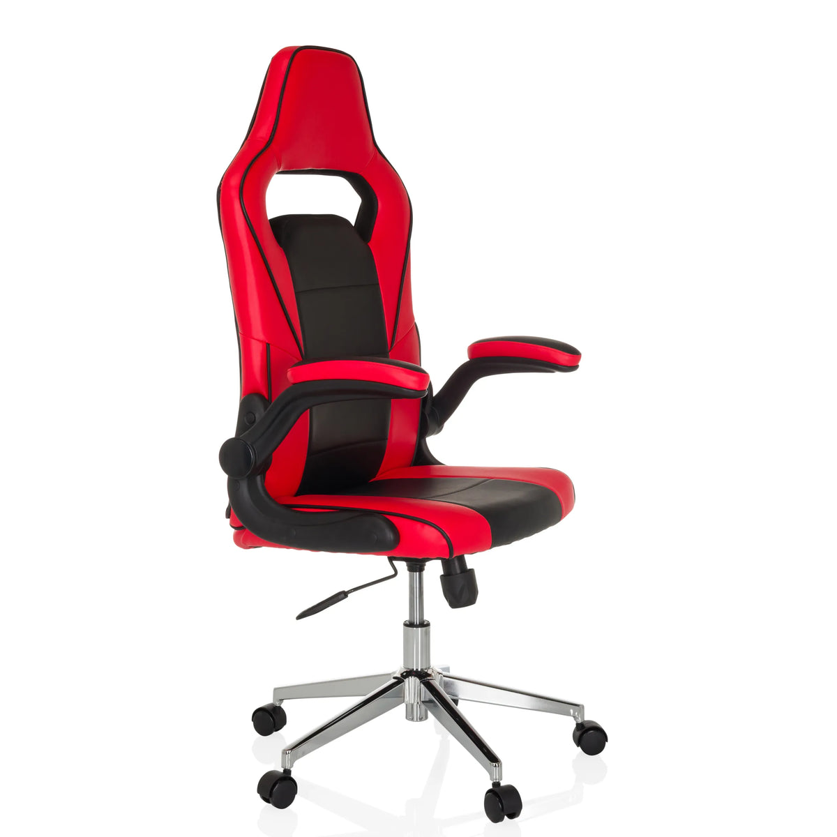 Silla gaming GAME SPORT PRO en color rojo y negro con reposabrazos y base de cinco ruedas de MyBuero – vista de 360° (vista frontal en diagonal 45°)