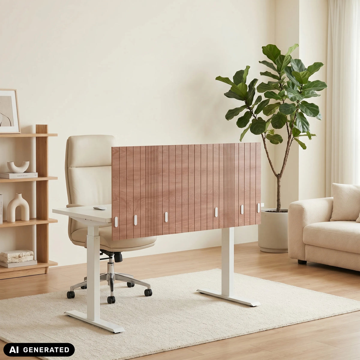 Separador de mesa marrón FLEXMIUT ROLL W con ranuras longitudinales sobre un escritorio blanco de hjh OFFICE