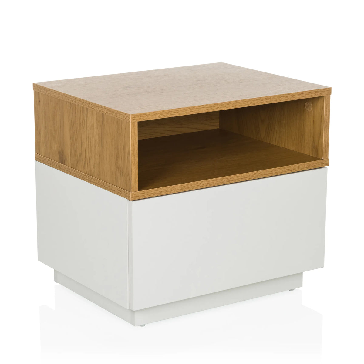 Mesa auxiliar MELMO blanca con un estante efecto roble de hjh LIVING – vista de 360° (vista frontal en diagonal 30°)