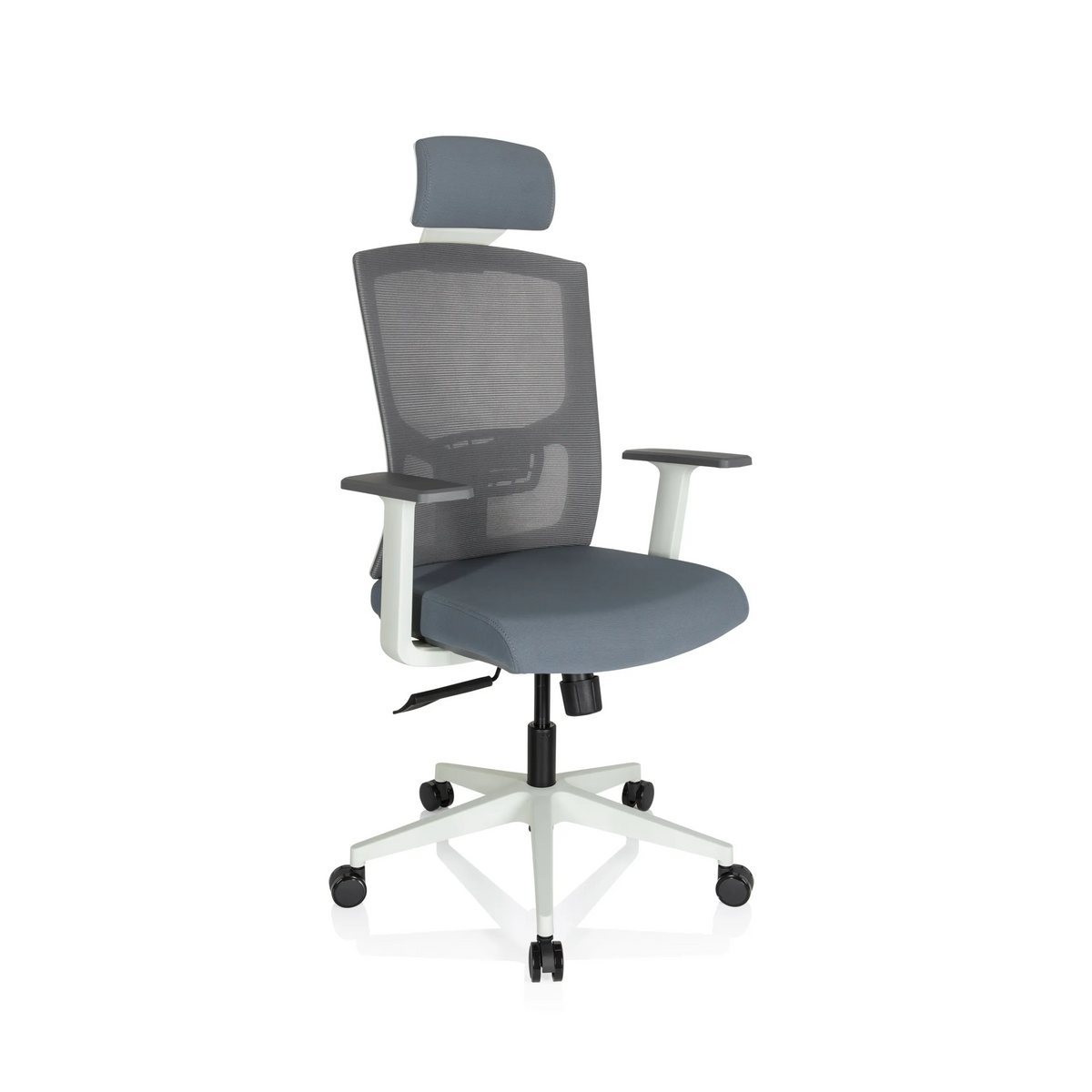 Silla de oficina profesional CAPTIVO BASE W gris con respaldo de malla, reposacabezas y base blanca de hjh OFFICE – vista de 360° (vista frontal en diagonal 40°)
