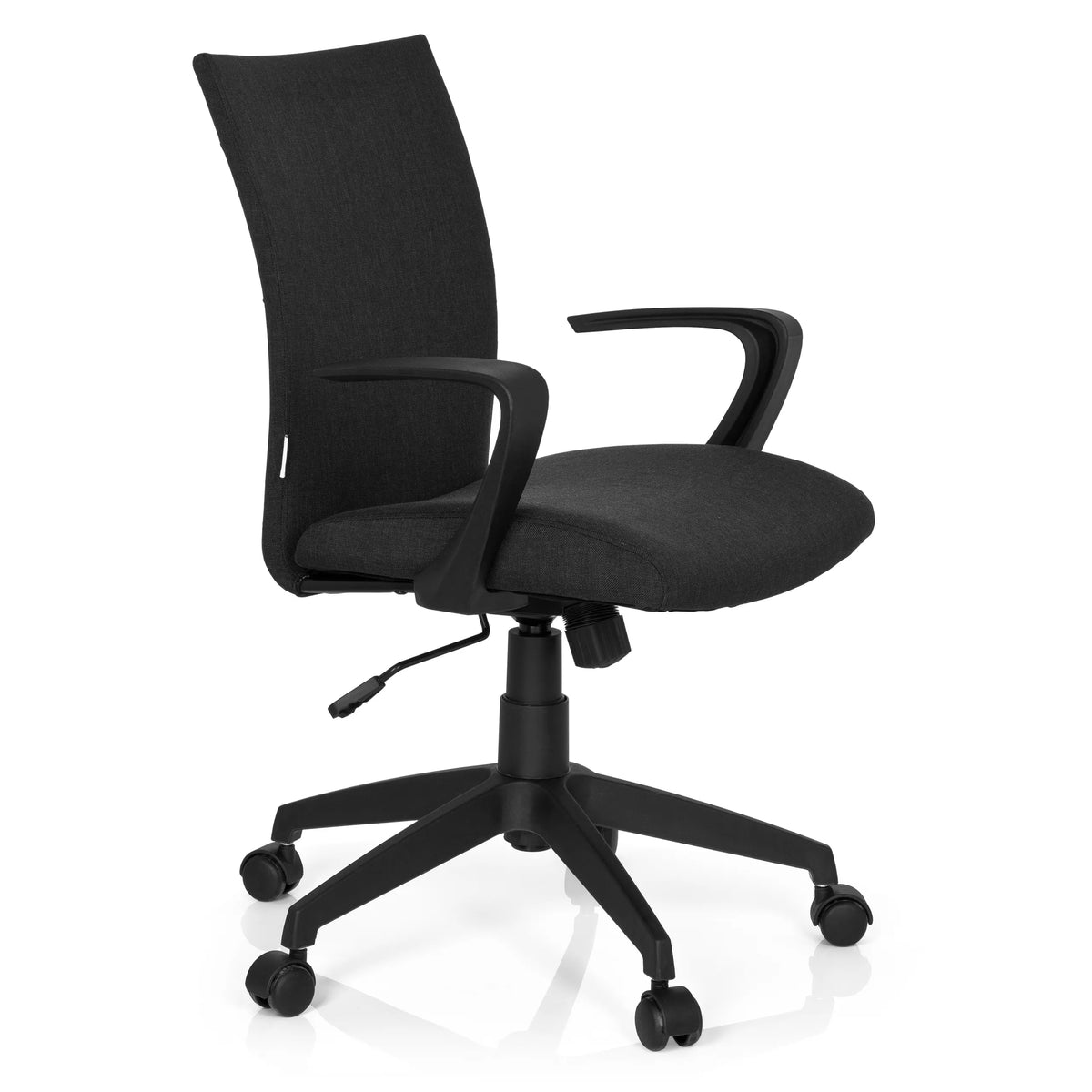 Silla Home Office SOFT negra con reposabrazos y base de cinco ruedas de hjh OFFICE – vista de 360° (vista frontal en diagonal 60°)