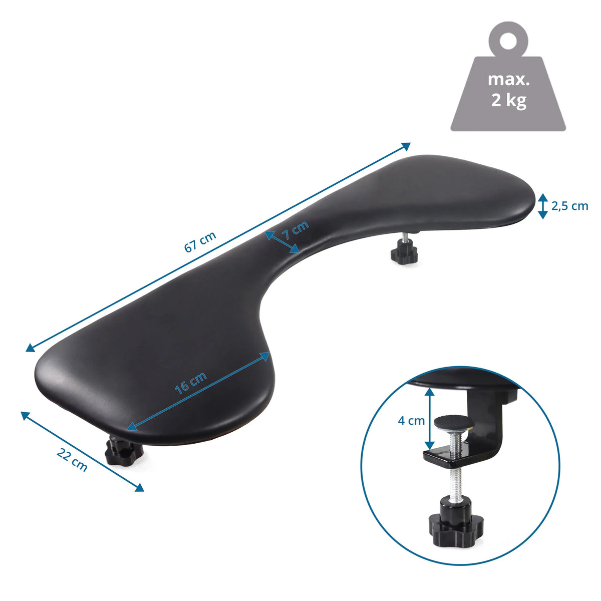 Dibujo dimensional del Apoyabrazos RELEX RT2 con una longitud de 67 cm y capacidad de carga de hasta 2 kg de hjh OFFICE
