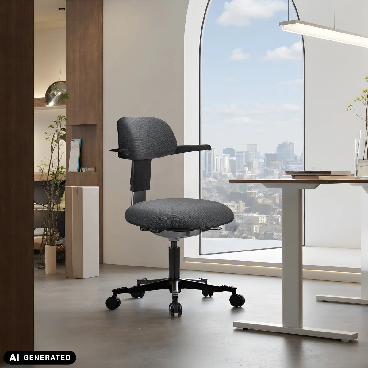 Silla de trabajo WORK 40 en gris oscuro con reposabrazos y ruedas delante de una ventana de hjh OFFICE (imagen generada por IA)