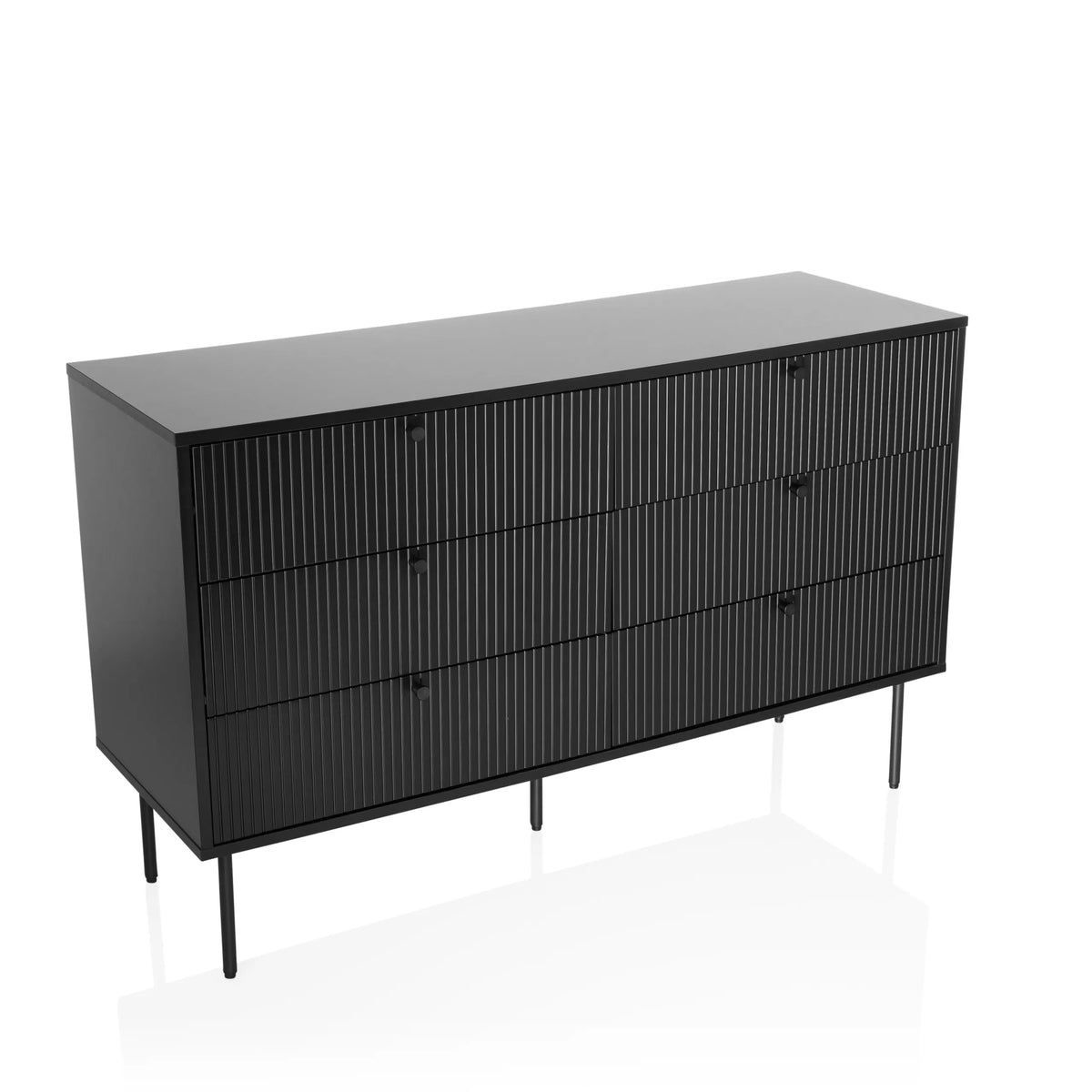 Aparador negro KARBY S con frentes de ranuras verticales y seis pomos de hjh LIVING – vista de 360° (vista frontal 15°)