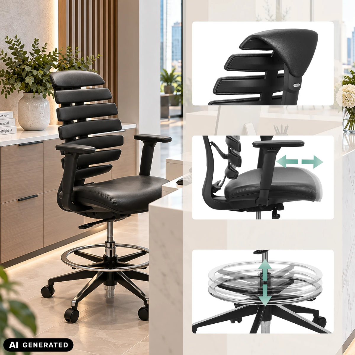 Silla de mostrador ERGO LINE II WORK de cuero negro con reposapiés y reposabrazos ajustables de hjh OFFICE (imagen generada por IA)