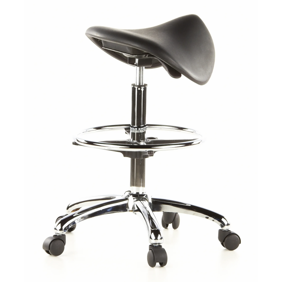 Taburete de silla de montar TOP WORK 13 negro con aro reposapiés y base de cinco ruedas de hjh OFFICE – vista de 360° (vista trasera en diagonal 120°)