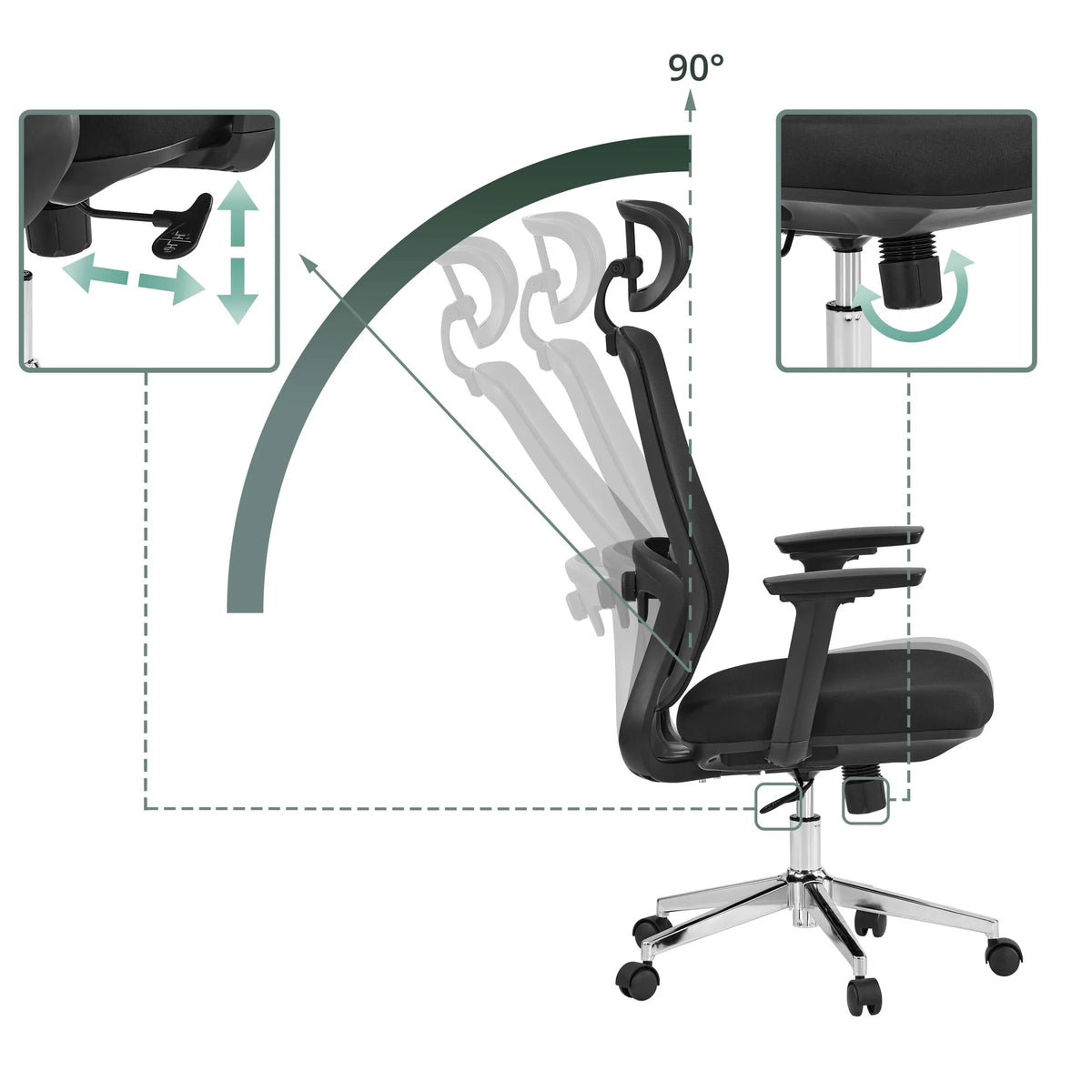 Opciones de ajuste del respaldo y la altura del asiento de la silla de oficina profesional Ergosento con inclinación de 90 grados de hjh OFFICE