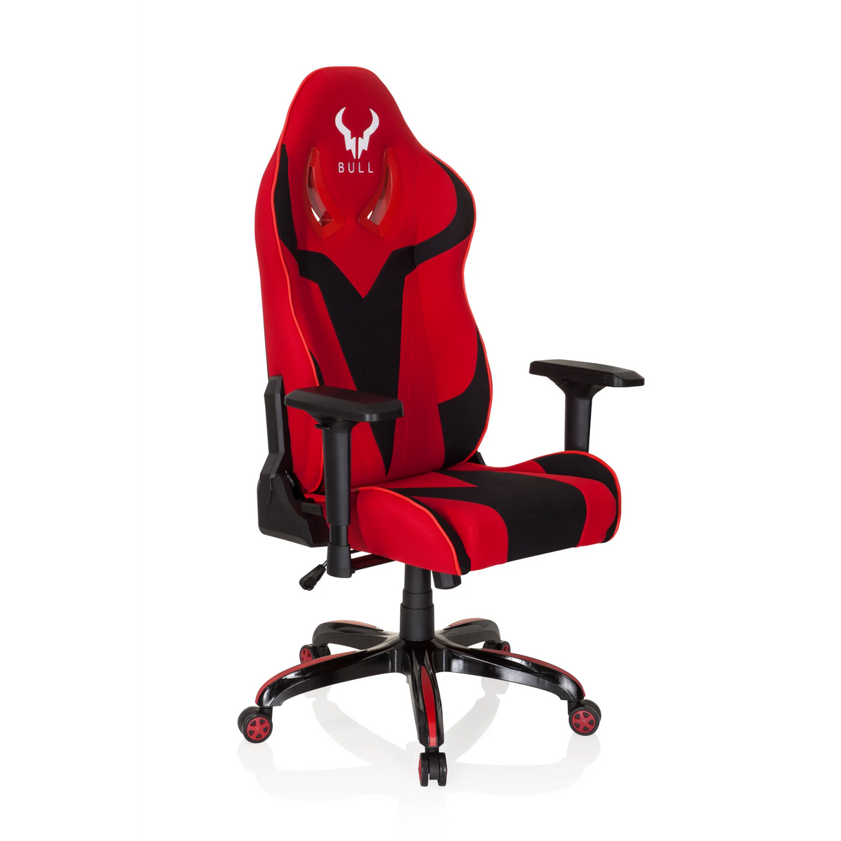 Silla gaming PROMOTER II en rojo y negro con reposabrazos y base de cinco ruedas de hjh OFFICE – vista de 360° (vista frontal en diagonal 40°)