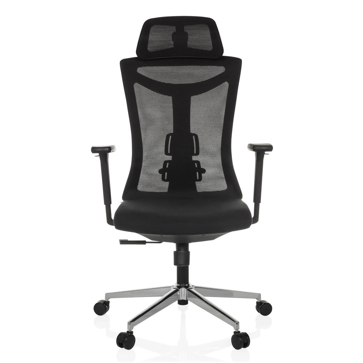 Silla de oficina profesional KAMIAK negra con respaldo de malla y base de cinco ruedas de hjh OFFICE – vista de 360° (vista frontal 0°)