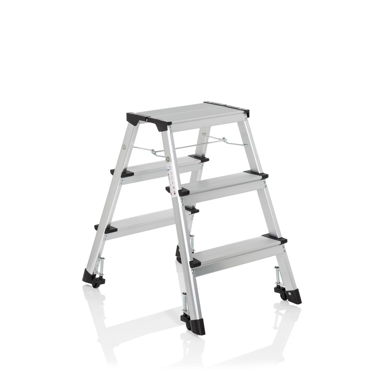 Escalera plegable SOLID IV plateada de aluminio con tres peldaños de hjh OFFICE – vista de 360° (vista frontal en diagonal 40°)