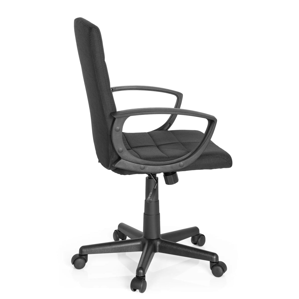 Silla Home Office STAR-TEC CL300 negra con reposabrazos y base de cinco ruedas de MyBuero – vista de 360° (vista lateral 100°)