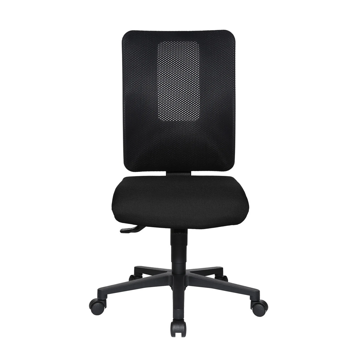 Silla de oficina profesional HJH WORK BASIC negra con respaldo de malla y base de cinco ruedas de Topstar – vista de 360° (vista frontal 0°)