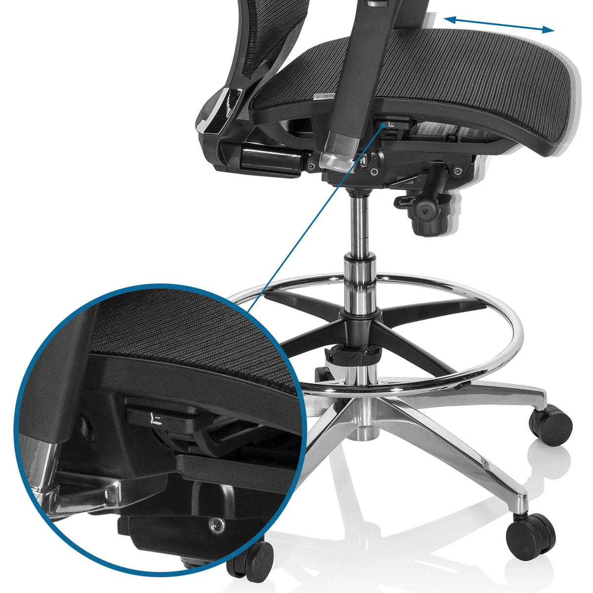 Ajuste de altura del asiento y aro reposapiés de la silla de mostrador TOP WORK 78 de hjh OFFICE