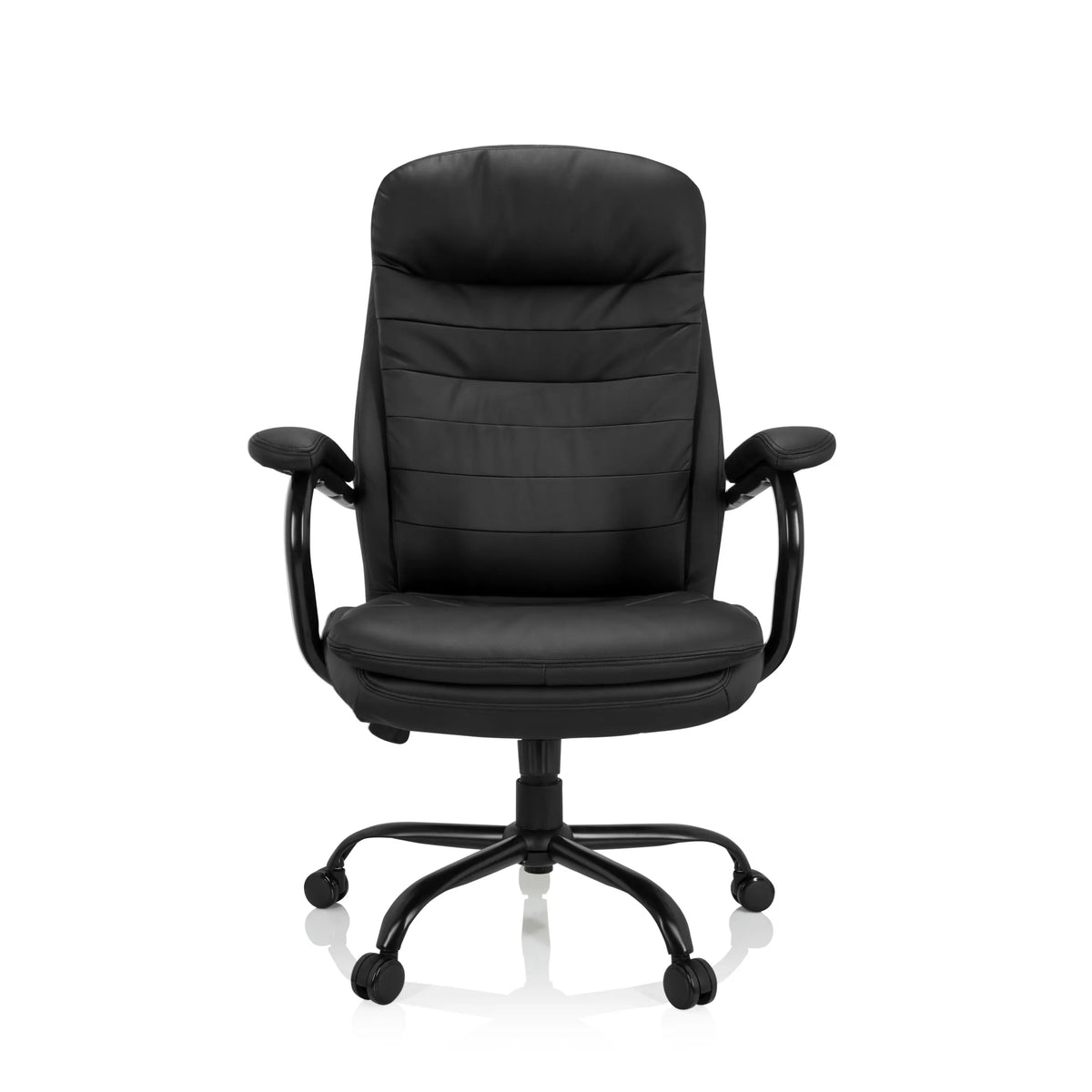 Silla giratoria RELAX XXL B negra de cuero sintético con base de estrella y cinco ruedas de hjh OFFICE – vista de 360° (vista frontal 0°)
