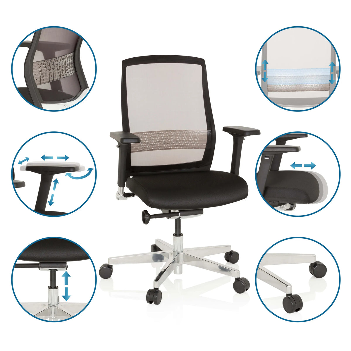 Silla alta gama FOUNTAINE en negro con reposabrazos ajustables y muelle de gas de hjh OFFICE