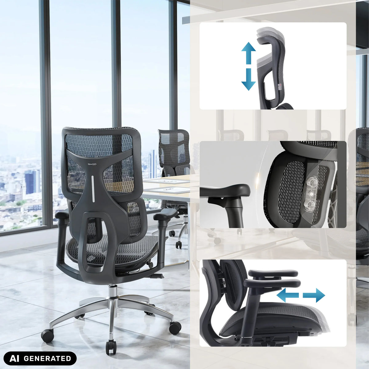 Reposacabezas y reposabrazos ajustables en altura de la silla de oficina profesional S100-M301 en negro de Sihoo (imagen generada por IA)