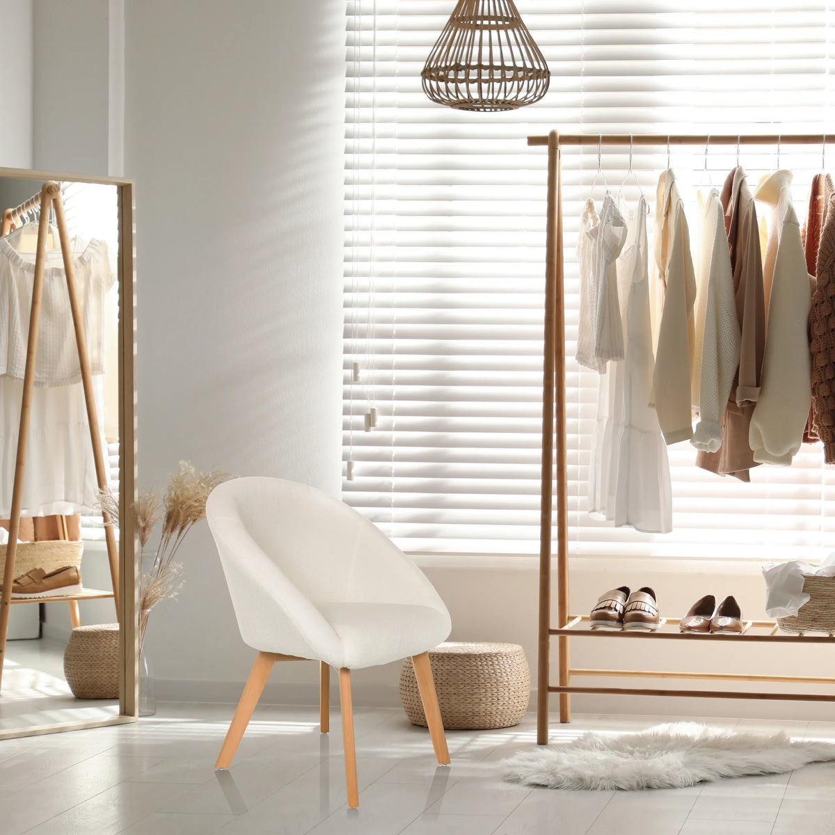 Silla tapizada blanca SCANDI TED con patas de madera clara en una habitación luminosa de hjh LIVING