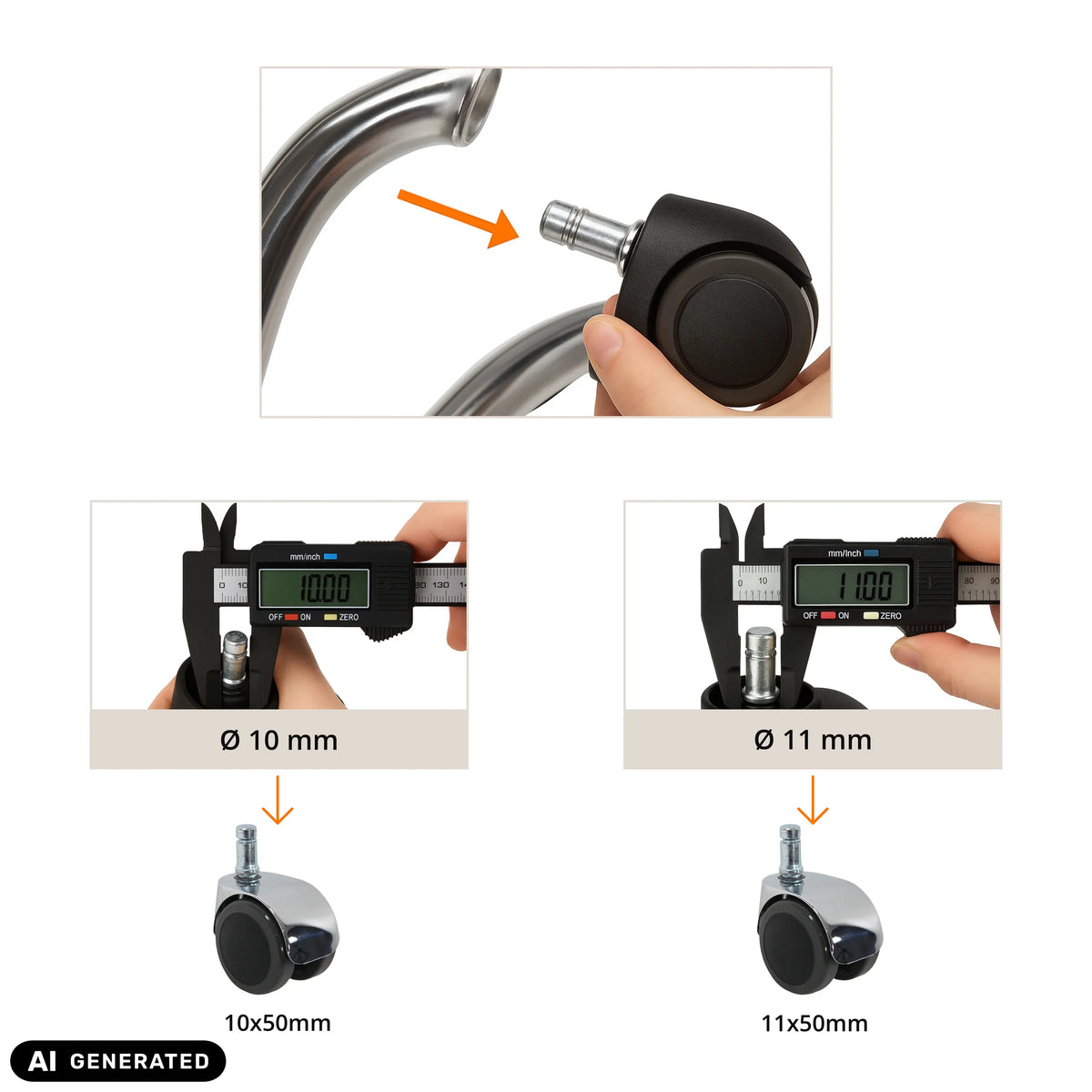 Guía de medición para ruedas para sillas 5x ROLO LUX 11mm/50mm de 10 mm y 11 mm de diámetro de hjh OFFICE (imagen generada por IA)