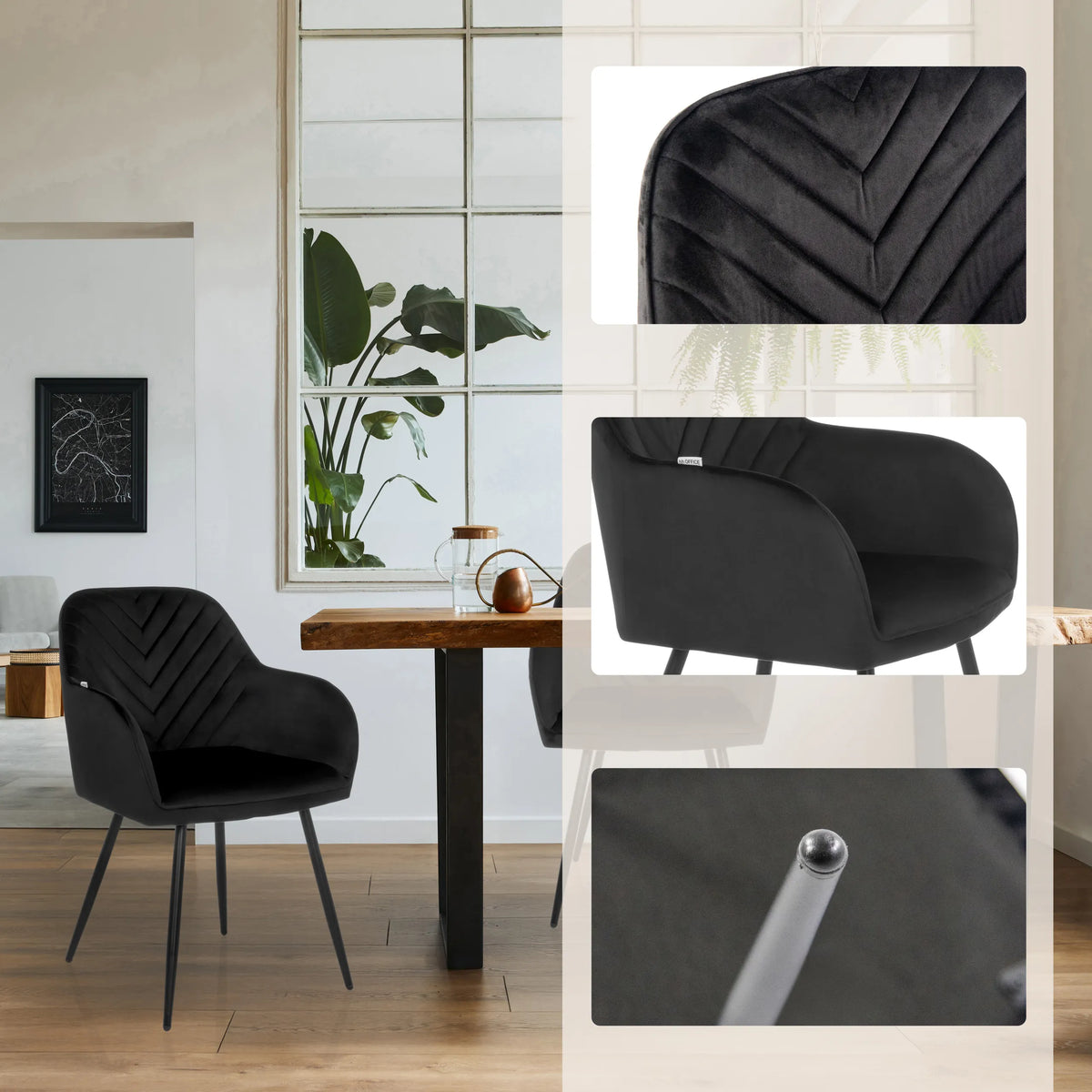 Silla de comedor negra CHARVELLE con detalles de costura y patas delgadas de hjh LIVING