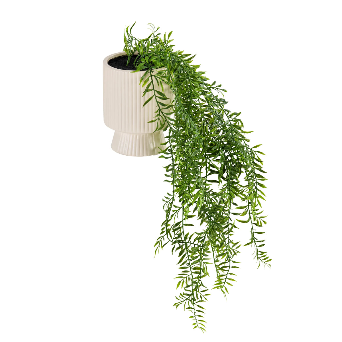Planta artificial Filix en una maceta exterior acanalada de color blanco crema con follaje verde de hjh OFFICE