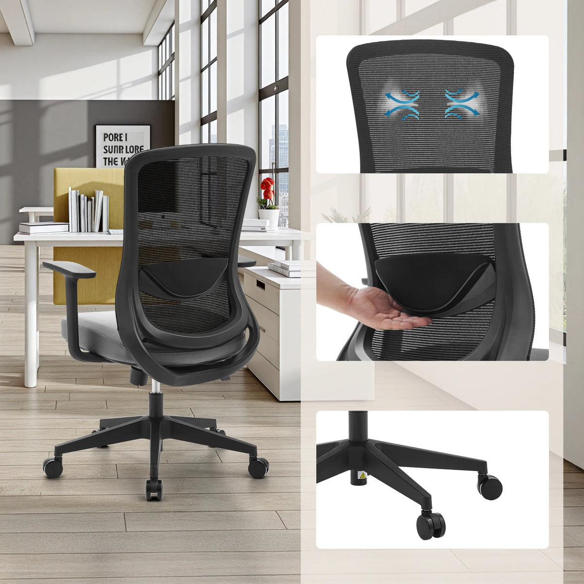 Silla Home Office Sedito en color negro gris con respaldo de malla, soporte lumbar y ruedas de hjh OFFICE