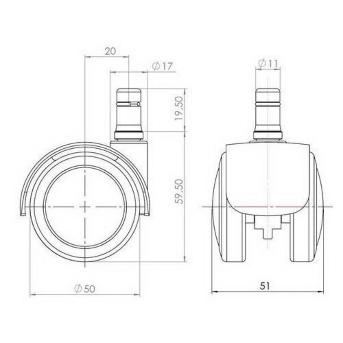 Dibujo técnico de las Ruedas para sillas 5x ROLO FIX 11mm/50mm con un diámetro de 50 mm de hjh OFFICE