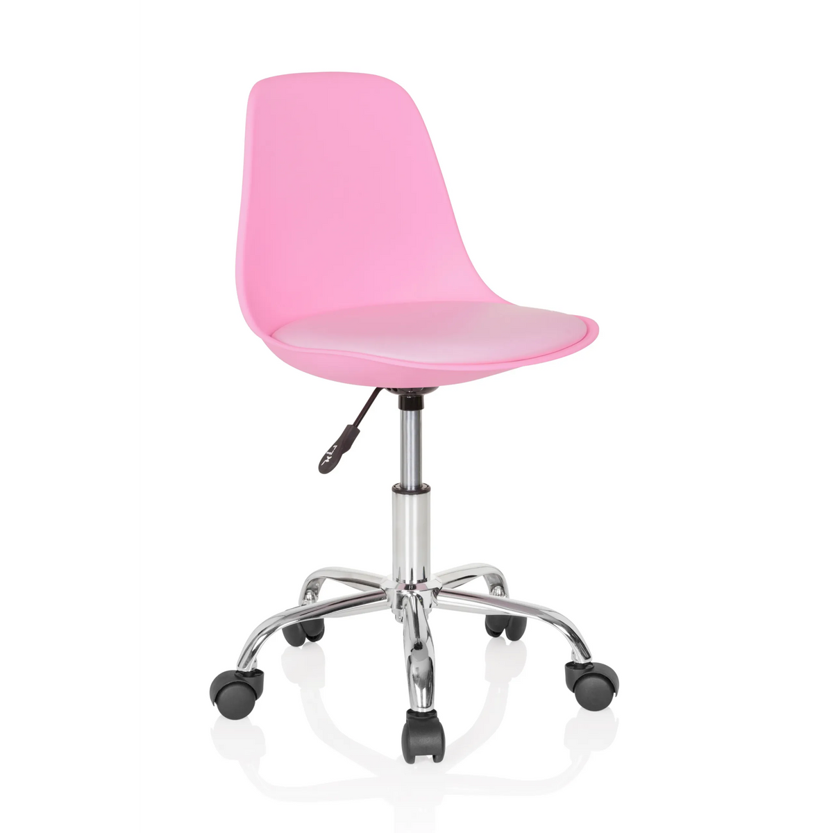 Silla giratoria para niños FANCY II rosa con carcasa curva y base de cinco ruedas de hjh OFFICE – vista de 360° (vista frontal en diagonal 40°)