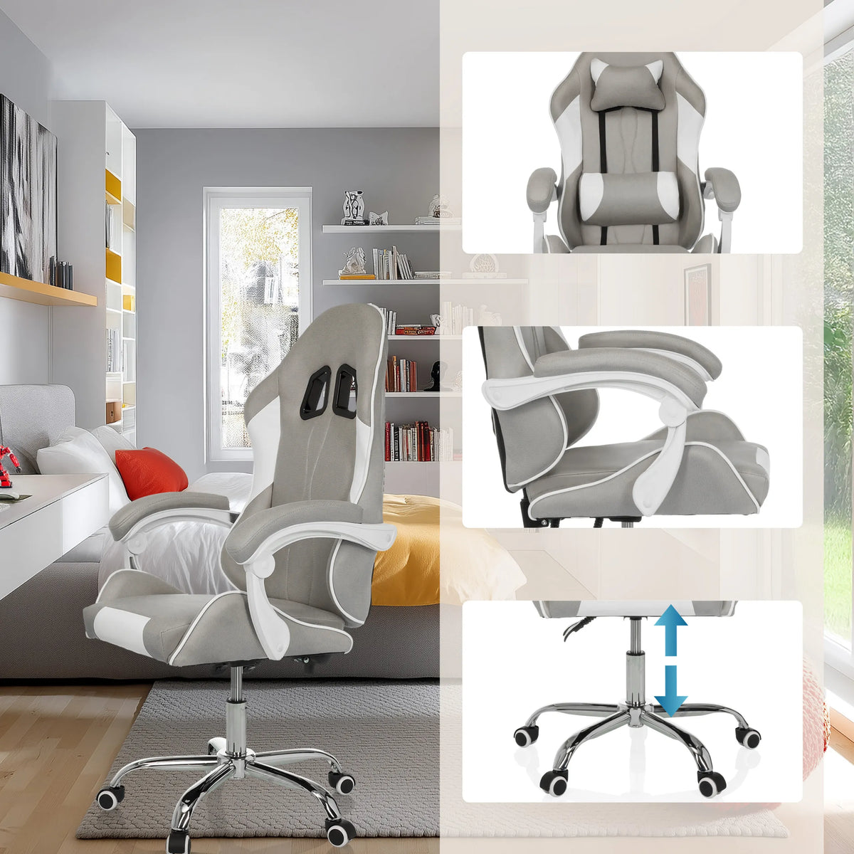 Silla gaming GAMEBREAKER W03 en gris y blanco con vistas detalladas del reposabrazos, el reposacabezas y el ajuste de altura de MyBuero