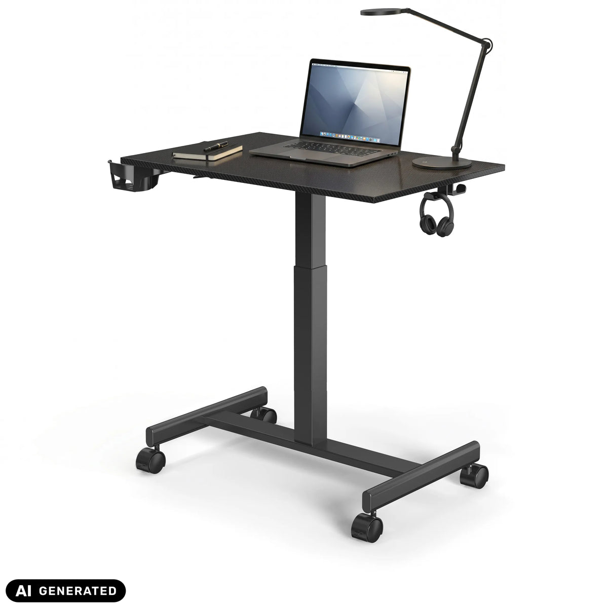 Escritorio de pie Stand K negro con ruedas, portátil y lámpara de escritorio de hjh OFFICE (imagen generada por IA)