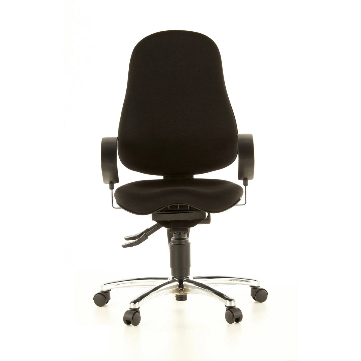 Silla de oficina profesional SITNESS 10 negra con reposabrazos y base de cinco ruedas de Topstar – vista de 360° (vista frontal 0°)