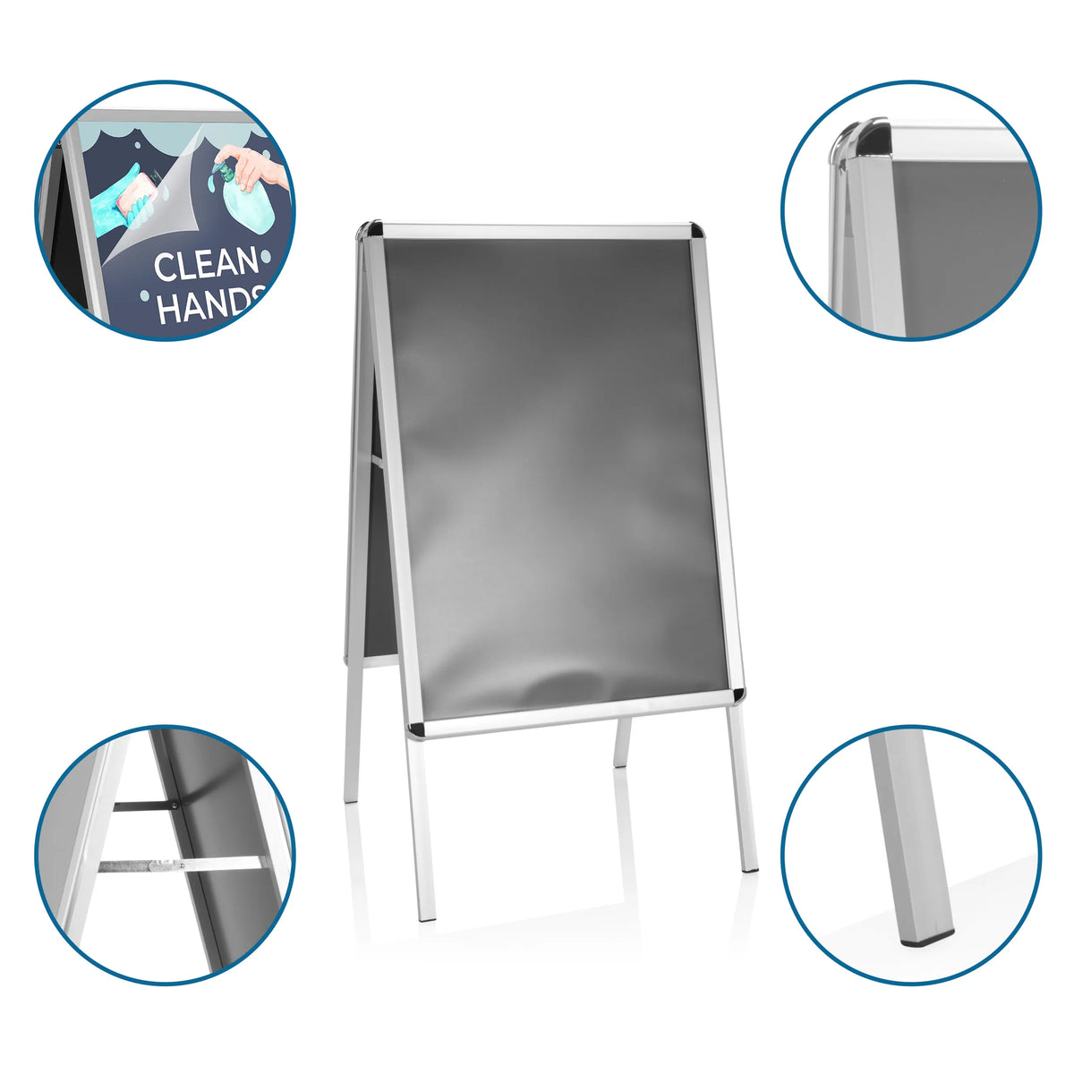 Soporte para carteles de aluminio AGENDA II con superficie limpiable y patas de apoyo de hjh OFFICE