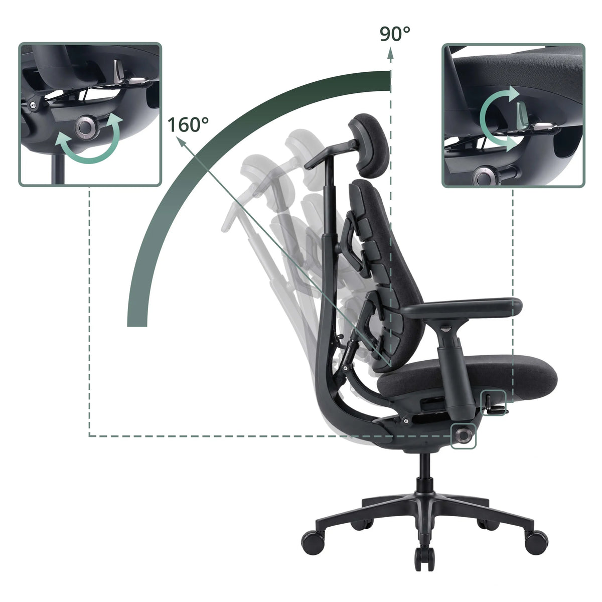 Respaldo ajustable de la silla de oficina LiberNovo Maxis Airflow con un ángulo de inclinación de 90° a 160° de Libernovo