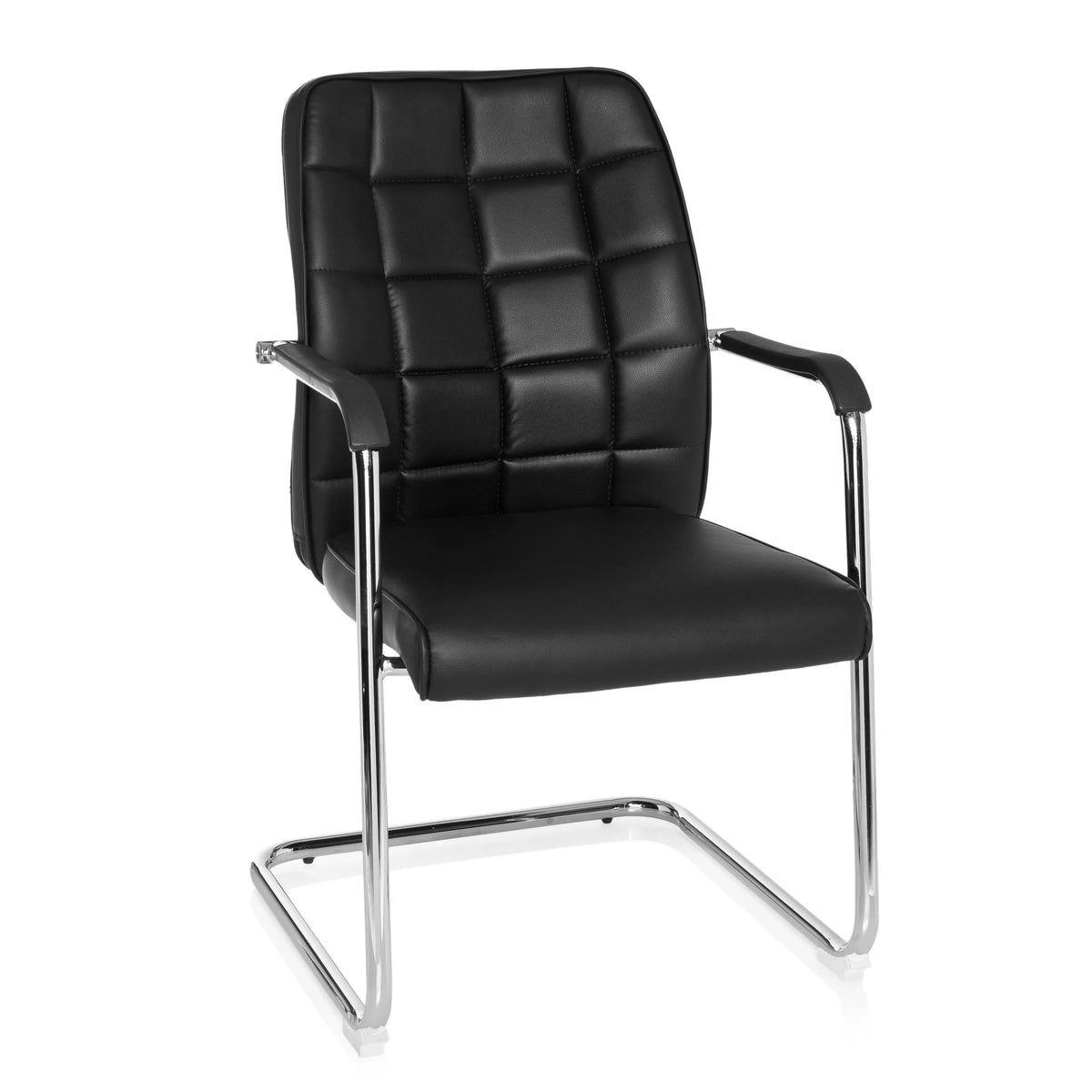 Silla viga voladiza FLEXO V negra con costuras cuadradas y reposabrazos de hjh OFFICE – vista de 360° (vista frontal 20°)
