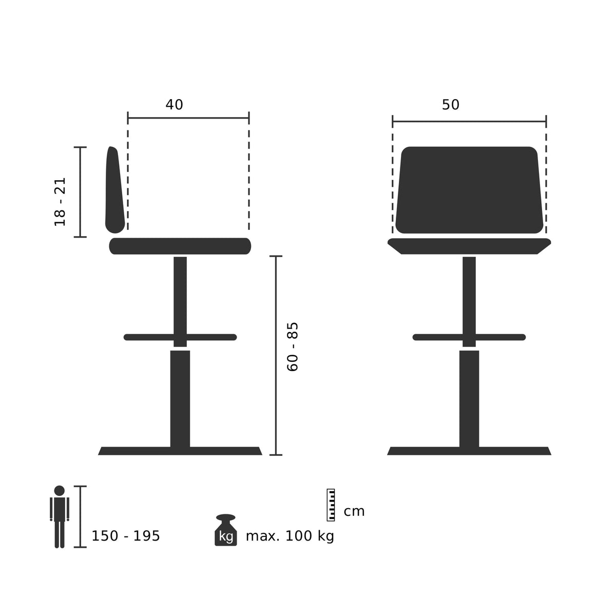 Dibujo técnico de la silla de mostrador WORK MF con una altura del asiento de 60 a 85 cm de hjh OFFICE