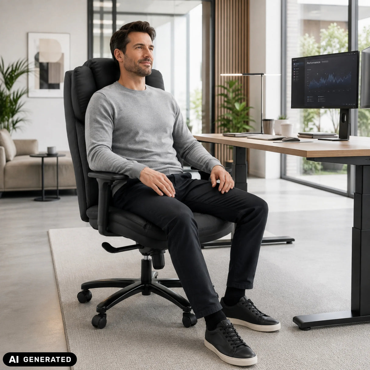 Silla giratoria XXL Pullmann Gen2 de cuero sintético negro con respaldo alto y reposabrazos de hjh OFFICE
