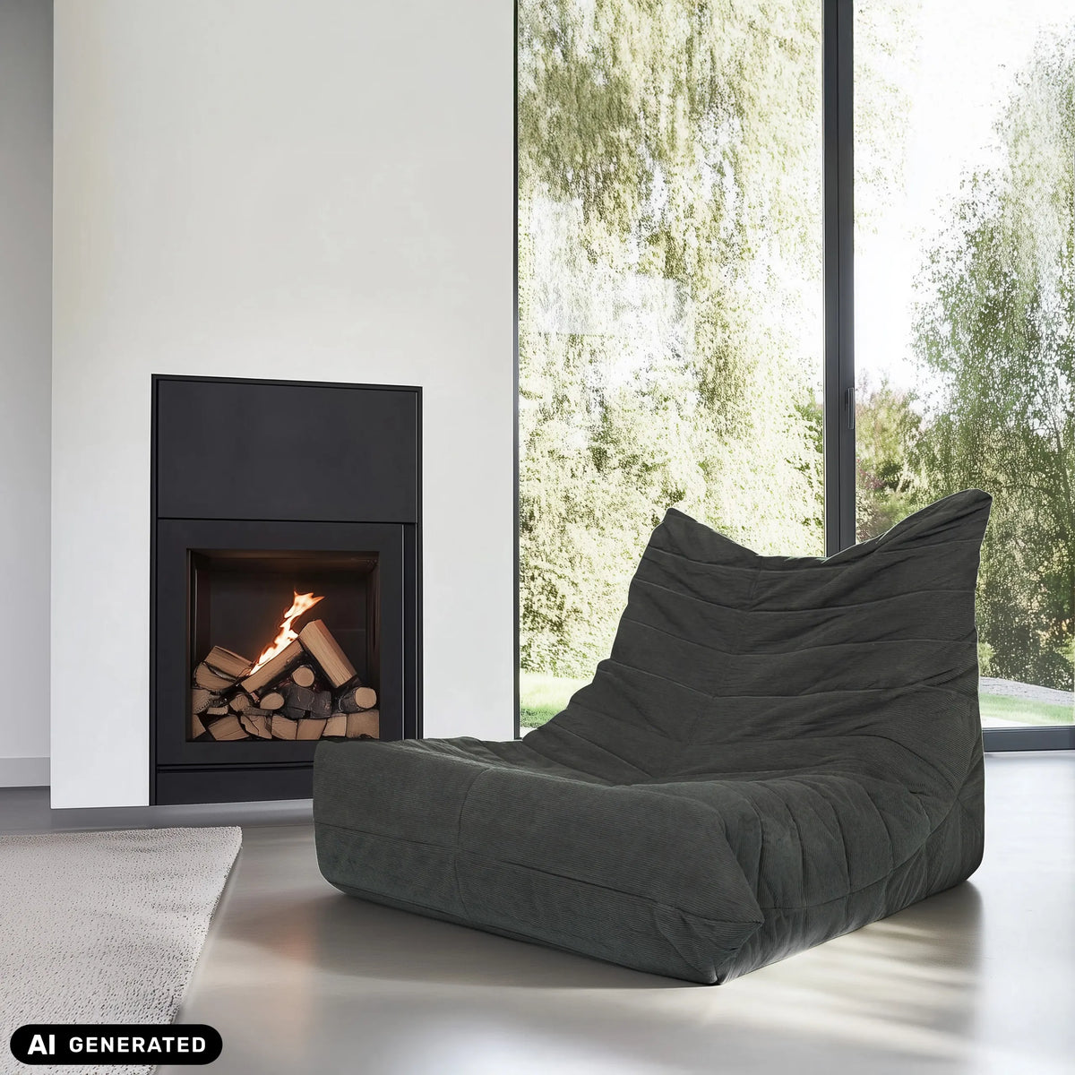 Sillón de diseño Sitzolo de pana gris delante de una chimenea de hjh LIVING (imagen generada por IA)