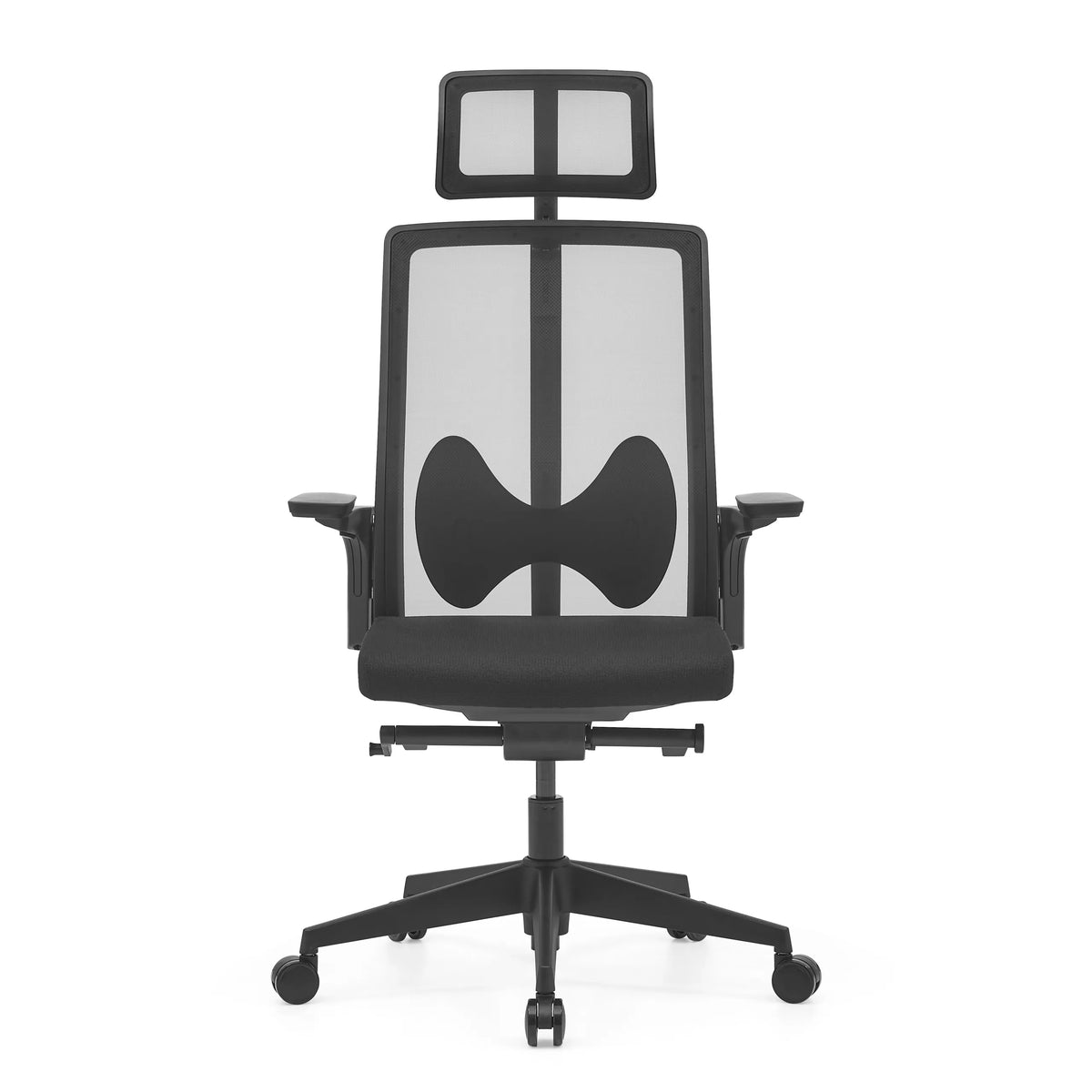 Silla de oficina profesional ARCEO B en color negro con respaldo de malla, reposacabezas y base de cinco ruedas de hjh OFFICE – vista de 360° (vista frontal 0°)