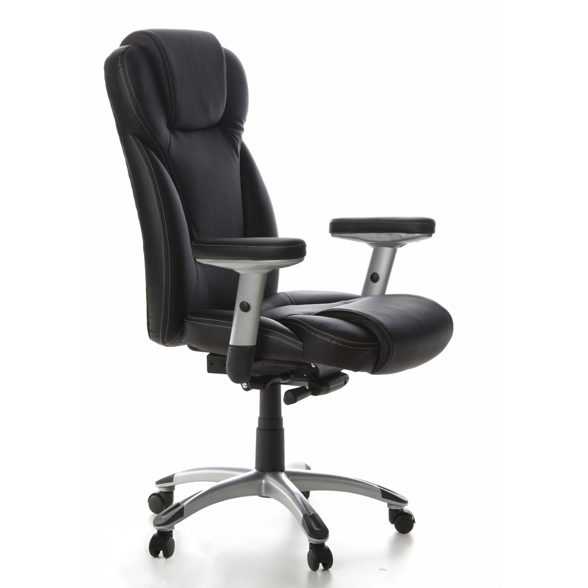 Sillón de oficina profesional EMBASSY 200 negro con reposabrazos y base de cinco ruedas de hjh OFFICE – vista de 360° (vista frontal en diagonal 60°)