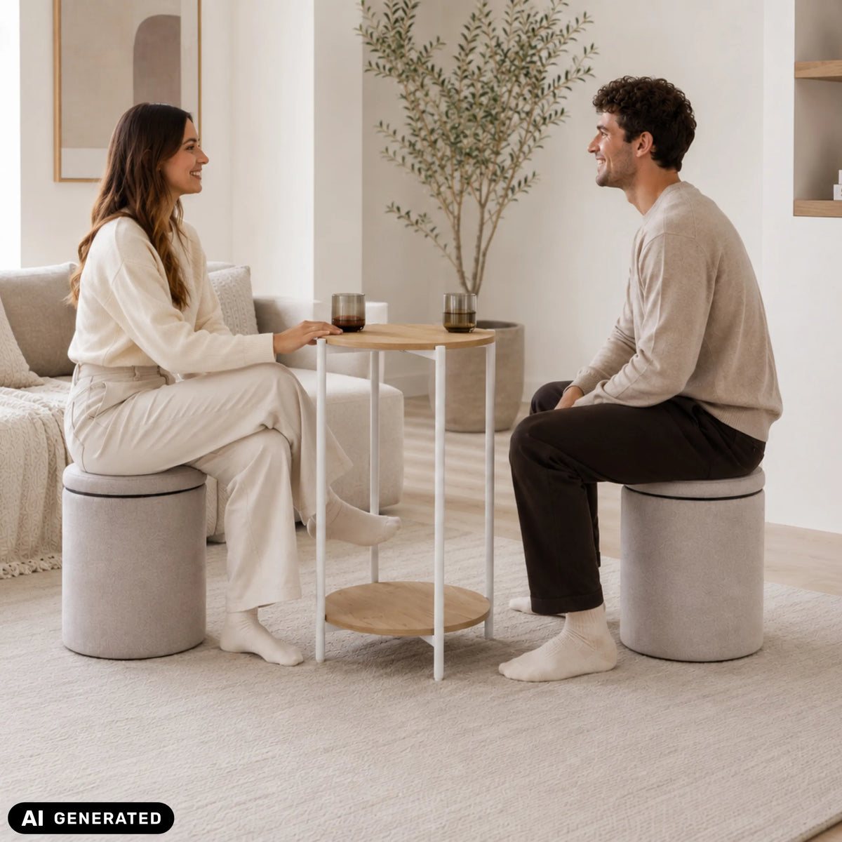Mesa auxiliar Nestup 1 en blanco y roble con taburete acolchado integrado de hjh LIVING (imagen generada por IA)