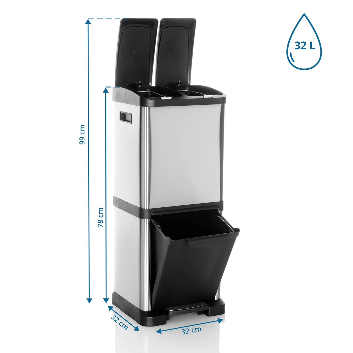 Dibujo dimensional de la papelera CLEAN VII con una altura de 99 cm y un volumen de 32 L de hjh OFFICE