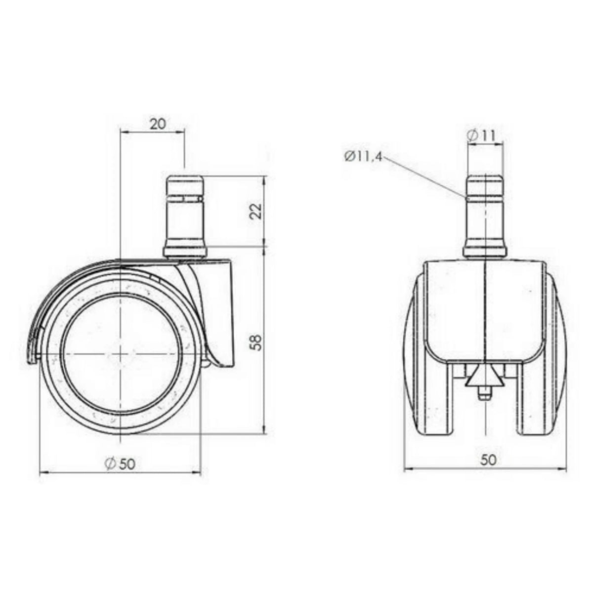 Dibujo técnico de las ruedas para sillas 5x ROLO LUX 11mm/50mm con un diámetro de rueda de 50 mm de hjh OFFICE
