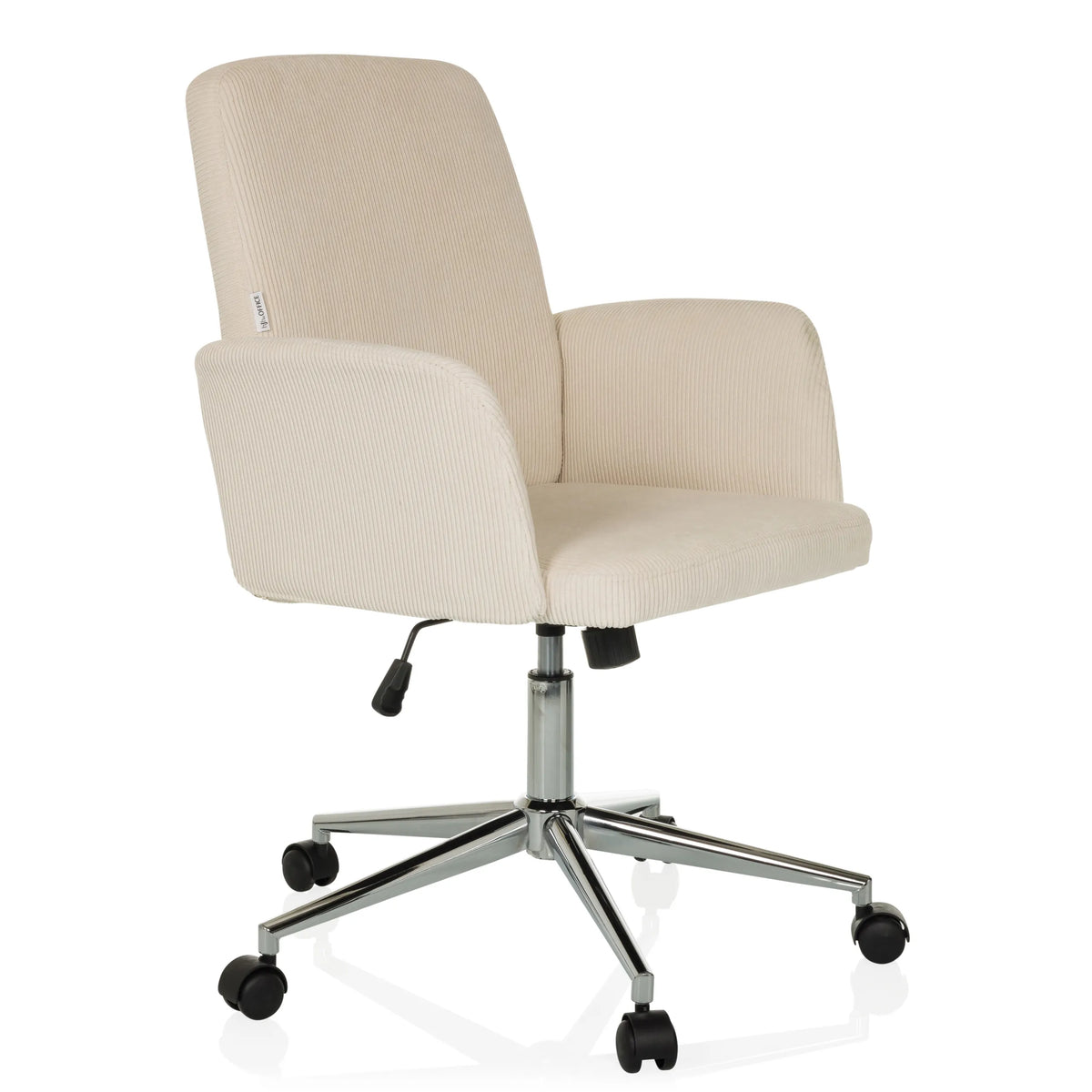 Silla Home Office SOLAO CORD en color beige con tapicería acanalada y base de cinco ruedas de hjh OFFICE – vista de 360° (vista frontal en diagonal 45°)