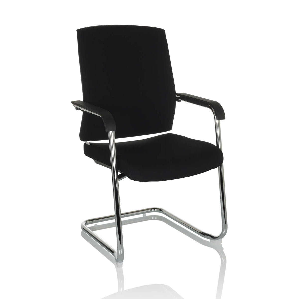 Silla de viga voladiza LEVIA VP negra con reposabrazos y estructura cromada de hjh OFFICE – vista de 360° (vista frontal en diagonal 30°)
