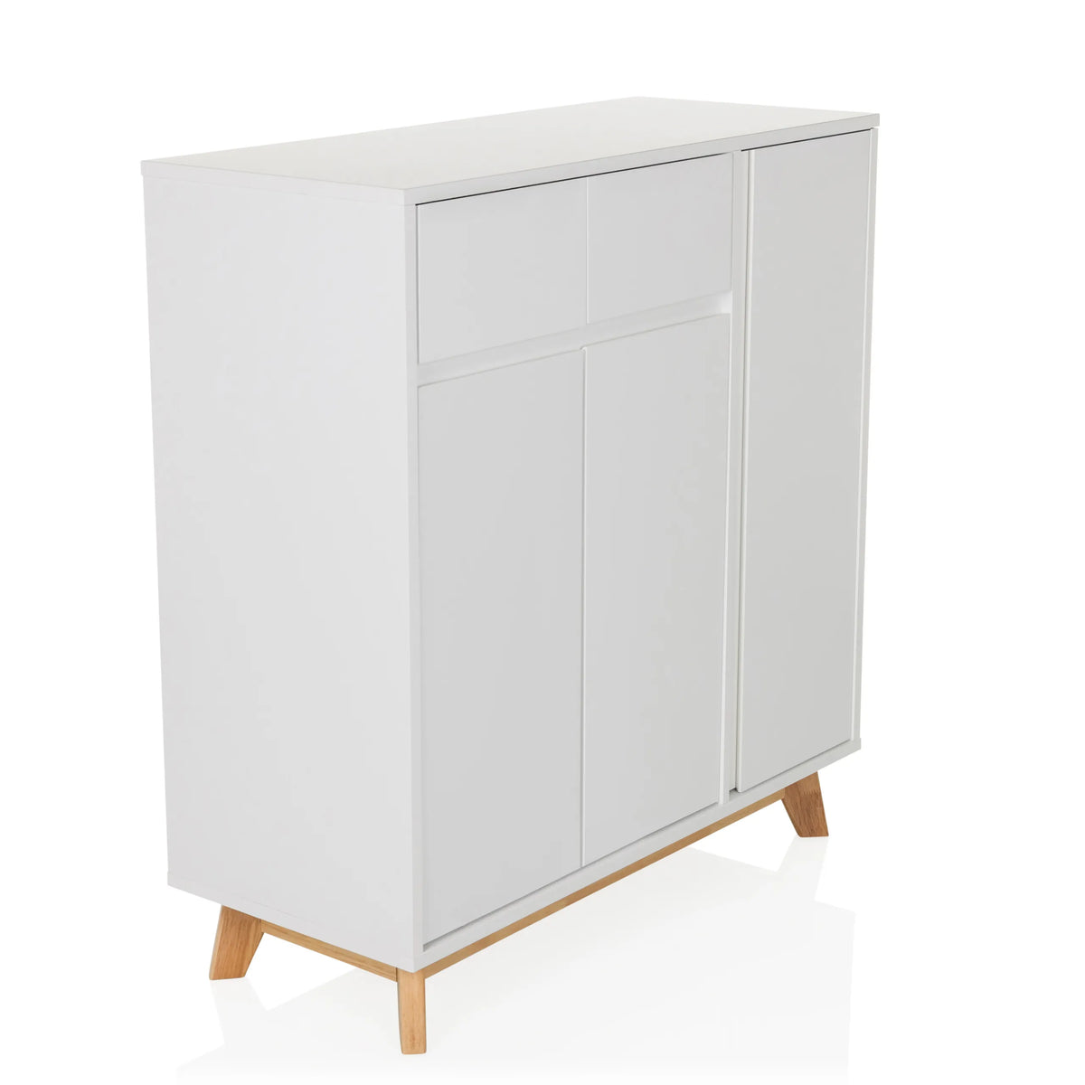 Cómoda blanca ESTHA con dos cajones, tres puertas y patas de madera clara de hjh LIVING – vista de 360° (vista frontal en diagonal 45°)