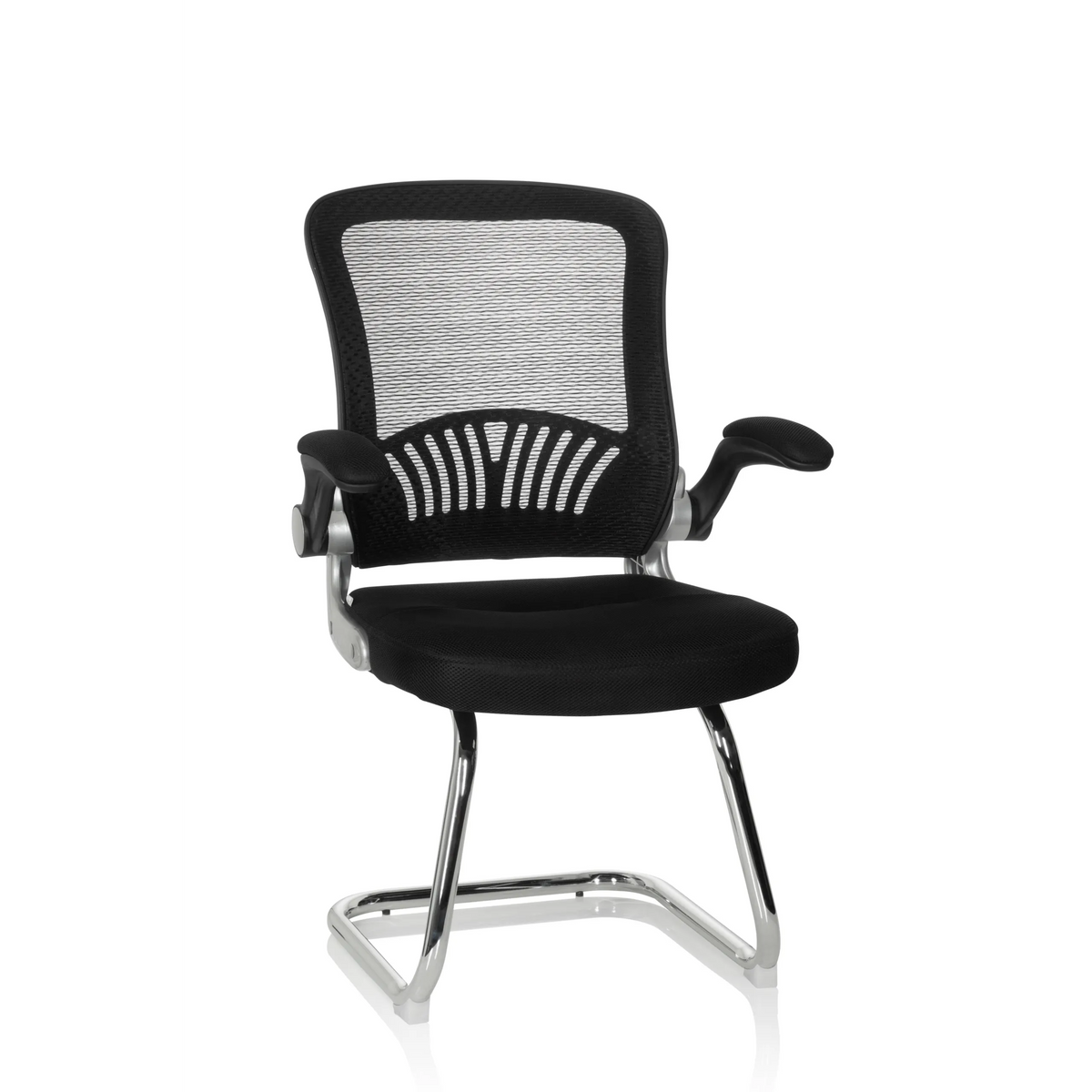 Silla de viga voladiza FLYER PRO V negra con respaldo de malla, reposabrazos y estructura de patines de hjh OFFICE – vista de 360° (vista frontal 20°)