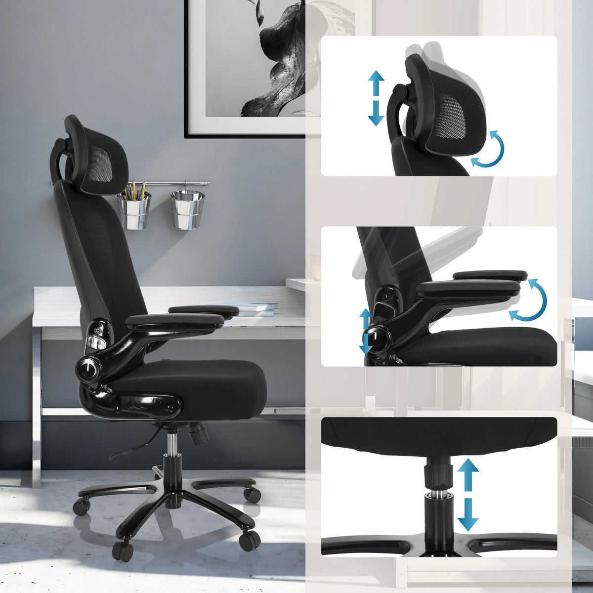 Opciones de ajuste del reposacabezas, reposabrazos y altura del asiento de la Silla giratoria XXL INSTRUCTOR SW I PRO de hjh OFFICE