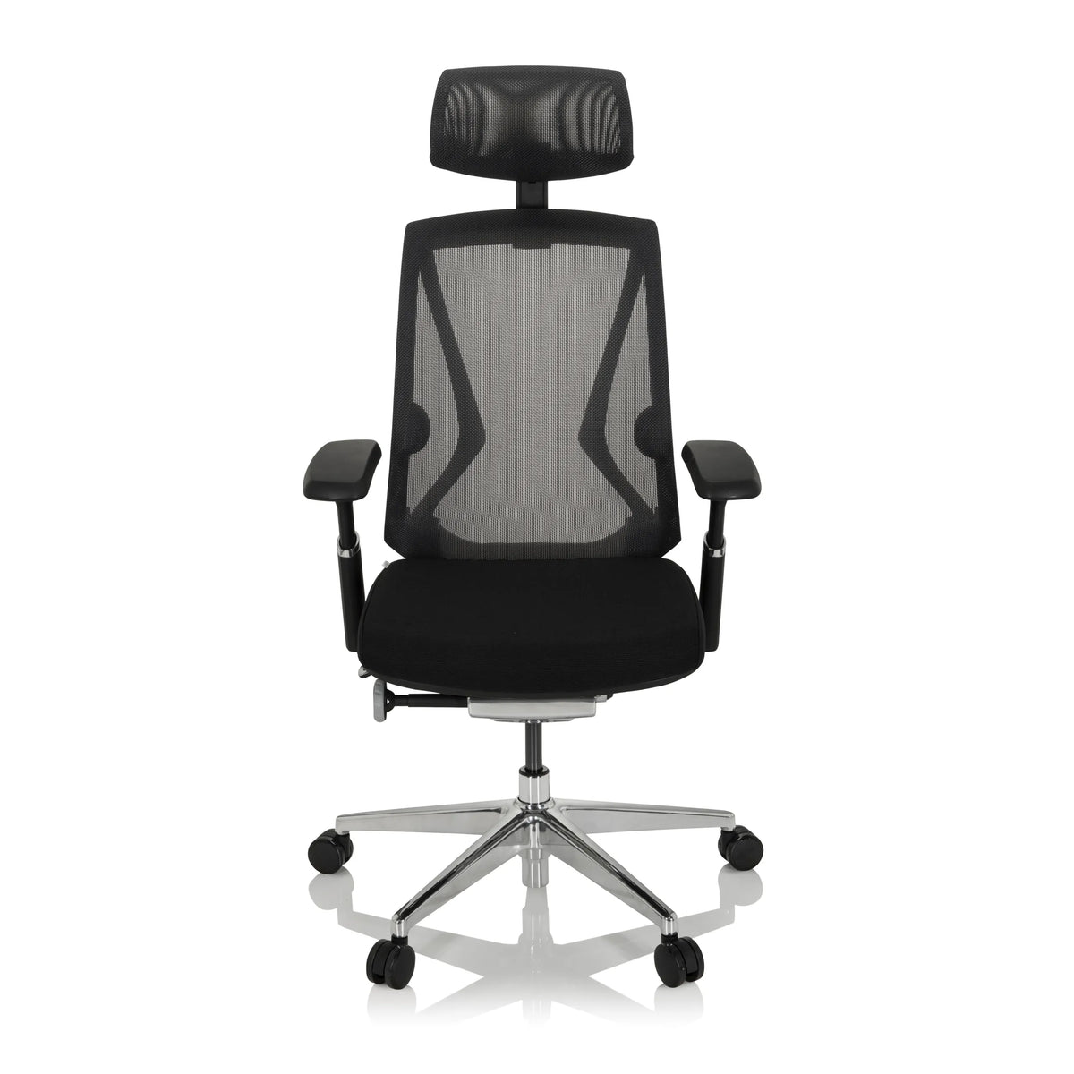 Silla alta gama INSPERO negra con respaldo de malla, reposacabezas y base de cinco ruedas de hjh OFFICE – vista de 360° (vista frontal 0°)