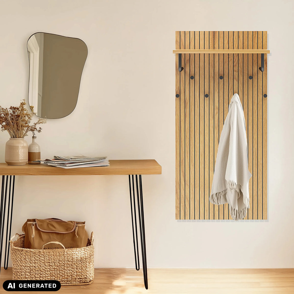 Perchero de pared LINNO SPACE de roble con ganchos negros y estante de hjh LIVING (imagen generada por IA)